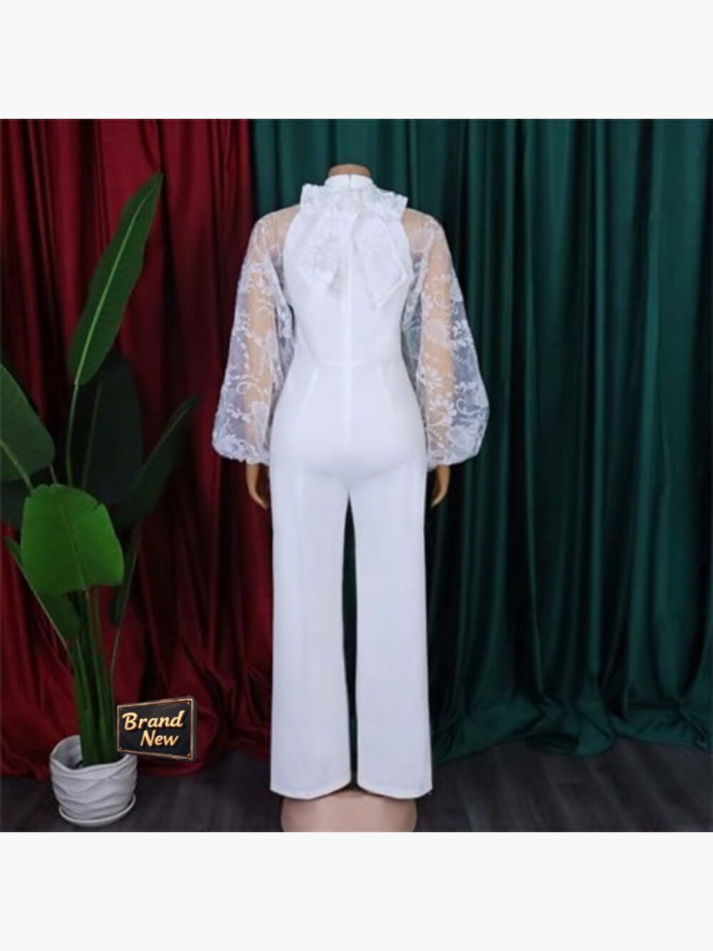 Lantern Sleeve Jumpsuit Formal Belted High Neck Polyester Wedding Guest - Picture 5 of 7